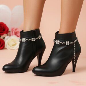 Women 2PCS Silver Metal Boot Chain Bracelet Bling Rhinestones Charm Shoe Anklets